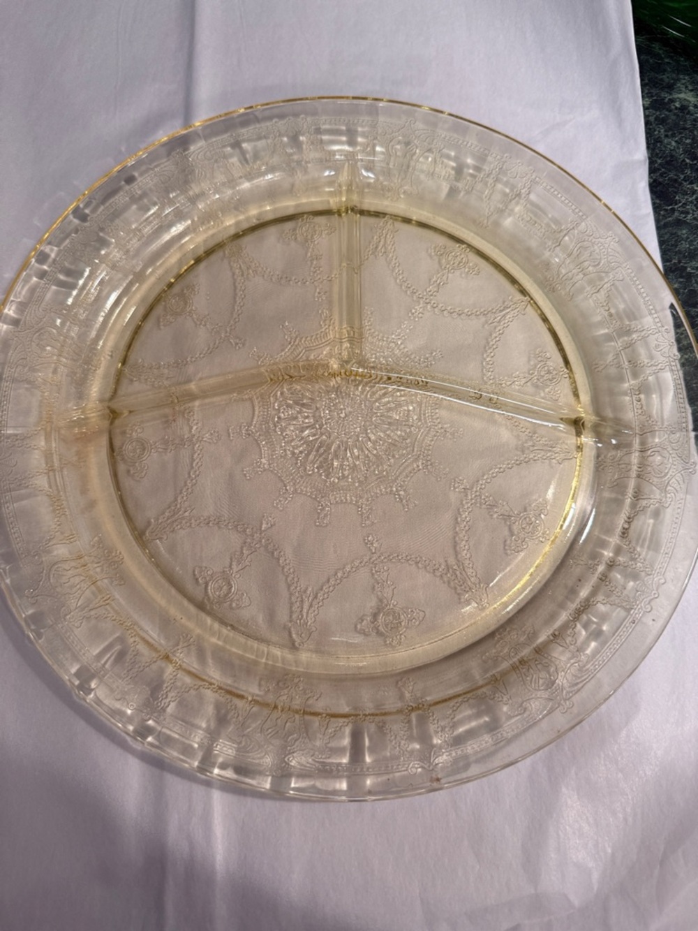 Vintage-Style Clear Glass Divided Serving Plate - Amber Tint yellow, set of 2